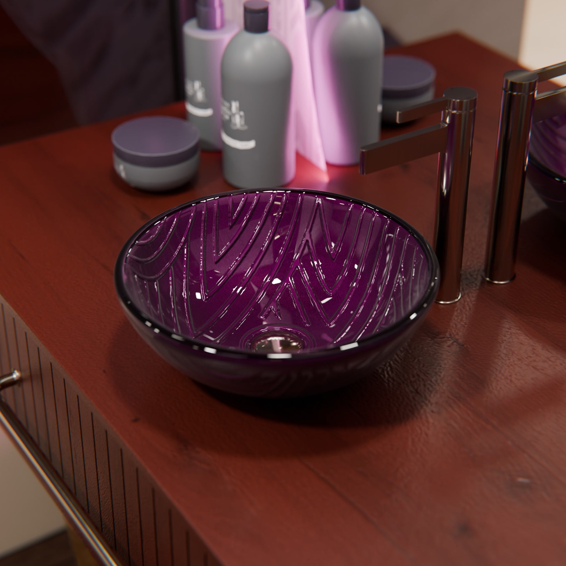 Hand-painted purple glass bathroom vessel sink by Novatto, modern design with smooth, curved surface and polished finish.