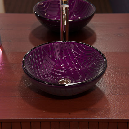 Hand-painted purple glass bathroom vessel sink by Novatto, modern design with smooth, rounded bowl for contemporary bathrooms.