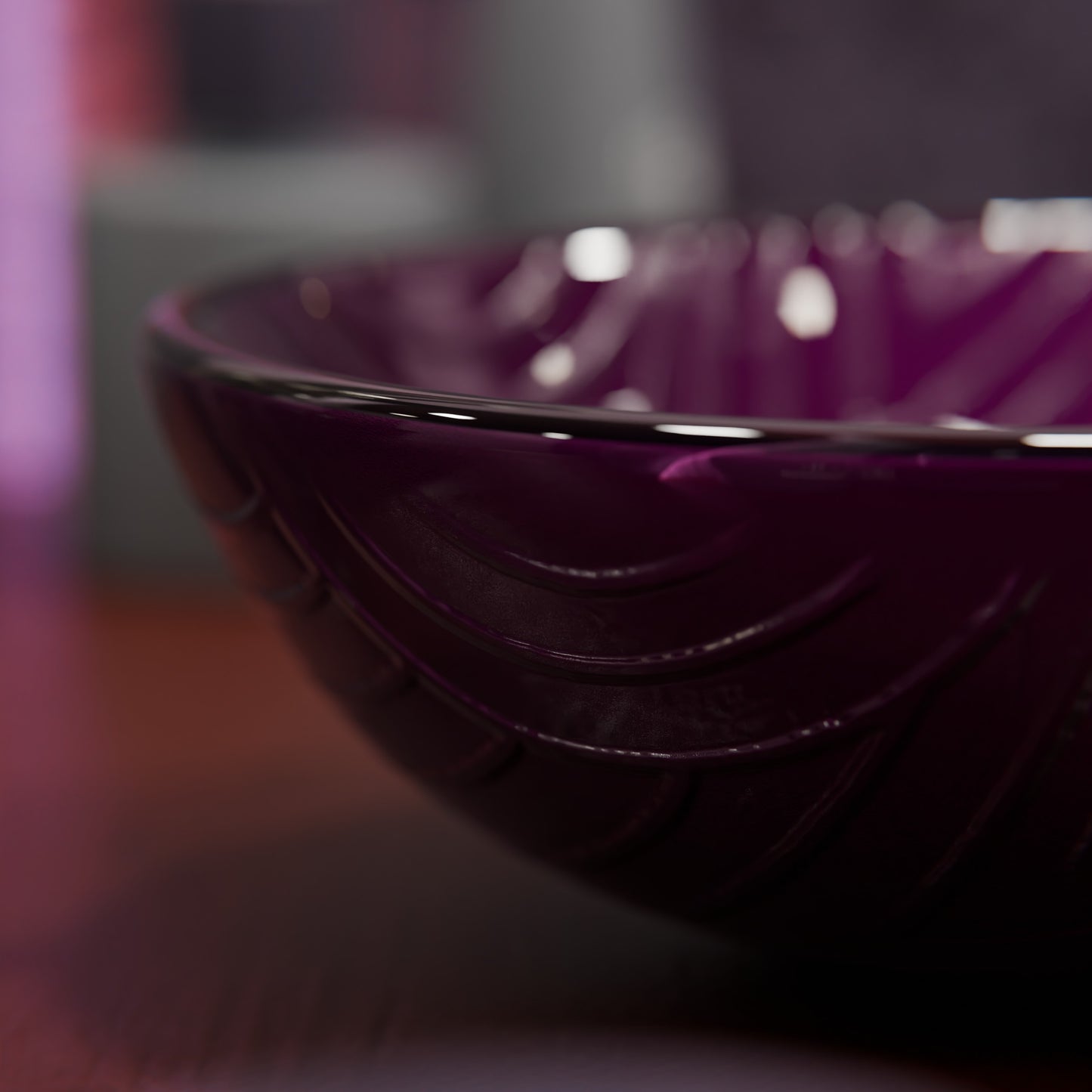 Hand painted purple glass modern bathroom vessel sink by Novatto with smooth, rounded design and glossy finish.