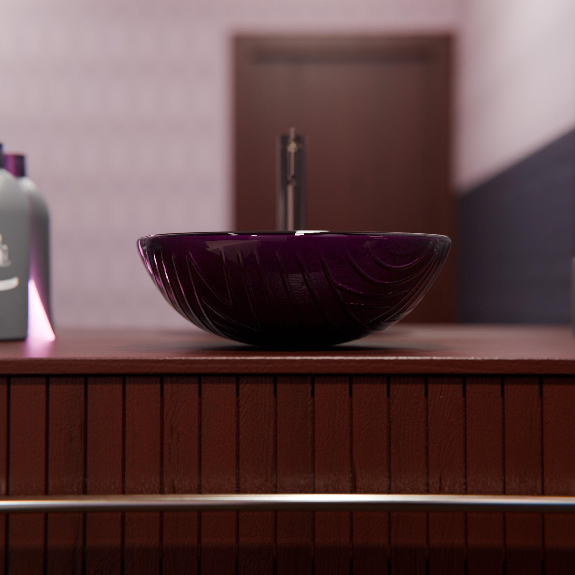 Hand painted purple glass bathroom vessel sink by Novatto with sleek modern design, featuring a smooth, rounded surface and vibrant color.