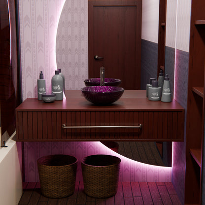 Hand-painted purple glass bathroom vessel sink by Novatto, modern design with smooth, rounded shape and glossy finish.