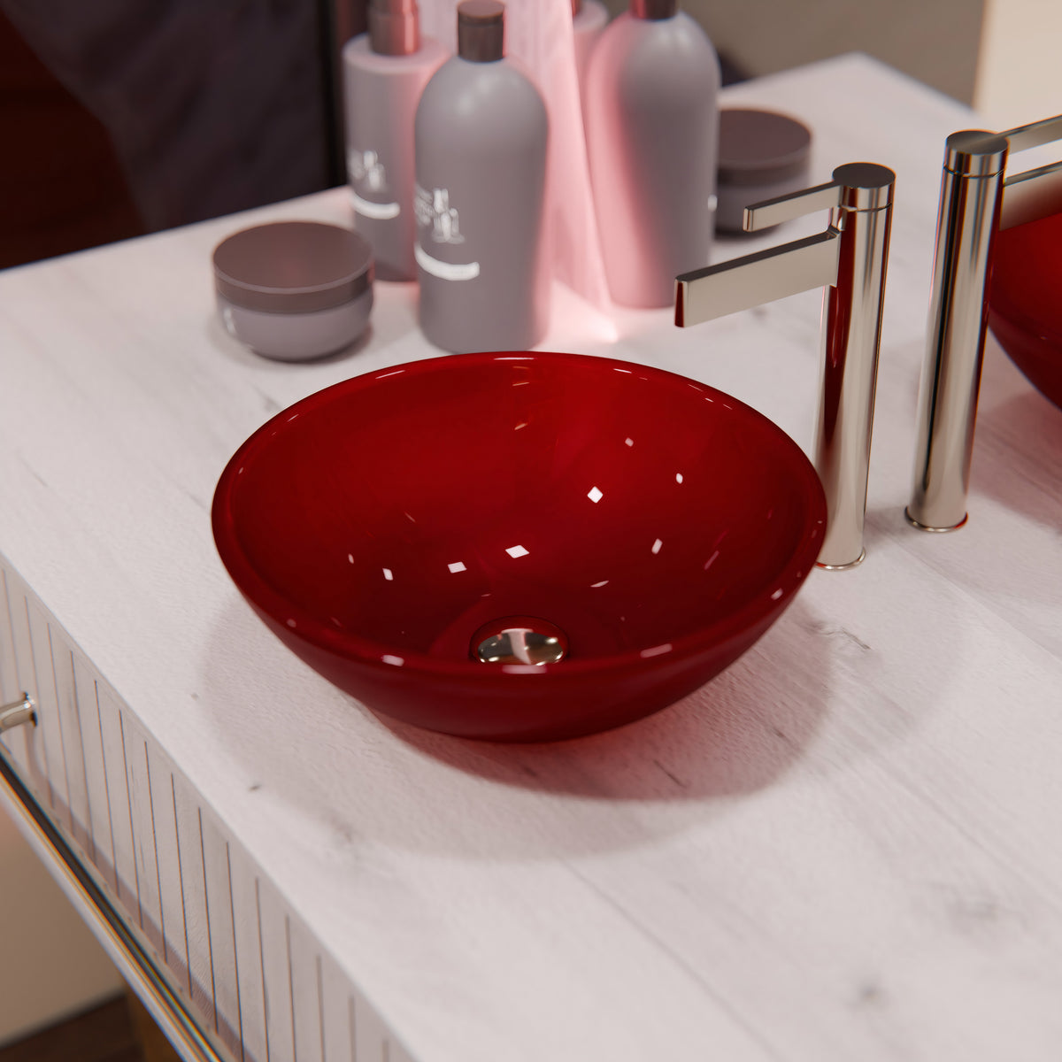 Modern Novatto solid red double layer tempered glass bathroom sink with sleek design, shown in a well-lit bathroom setting.