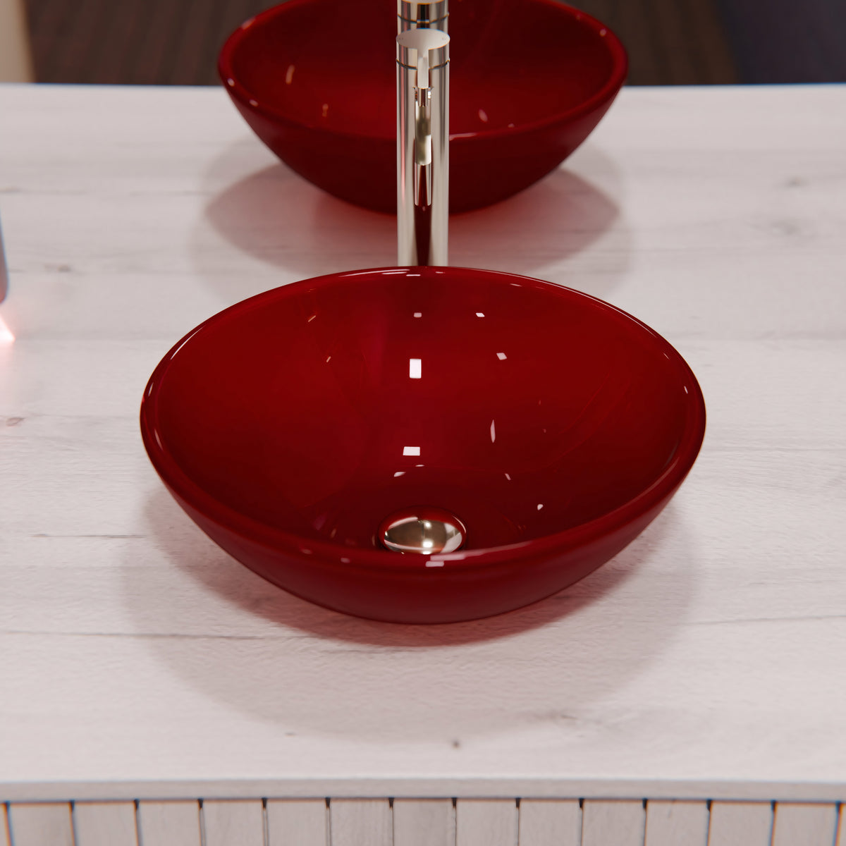 Modern solid red double-layer tempered glass bathroom sink by Novatto, featuring sleek design and durable construction.
