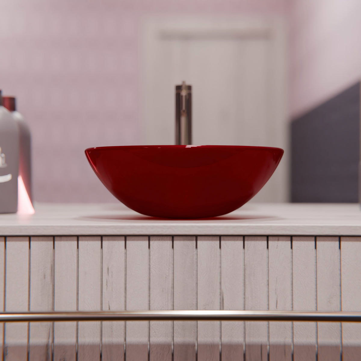 Modern red double layer tempered glass bathroom sink by Novatto, featuring a sleek design and durable construction.