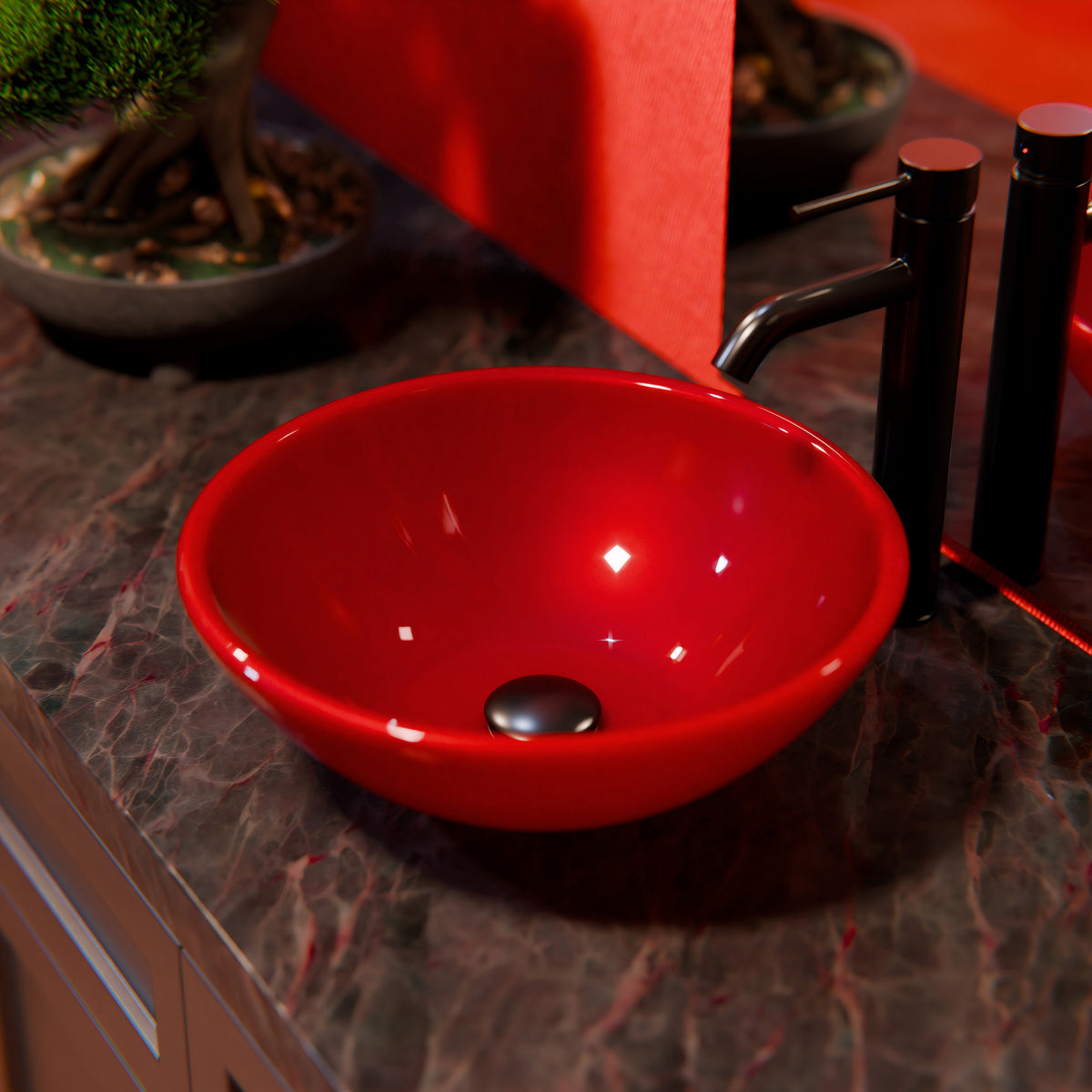 Modern solid red double layer tempered glass bathroom sink by Novatto, featuring sleek design and durable construction.