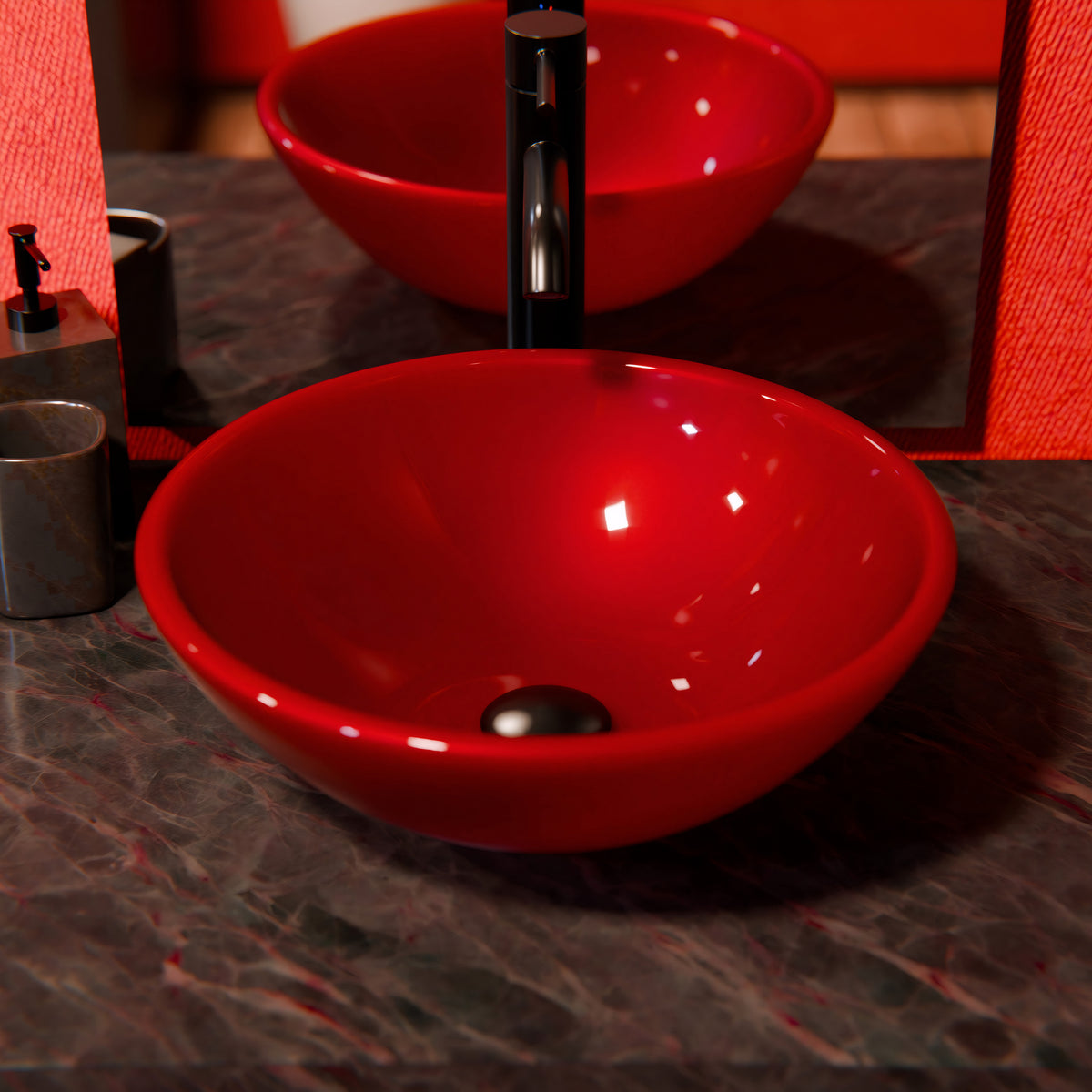 Modern solid red double layer tempered glass bathroom sink by Novatto, featuring a sleek, contemporary design.
