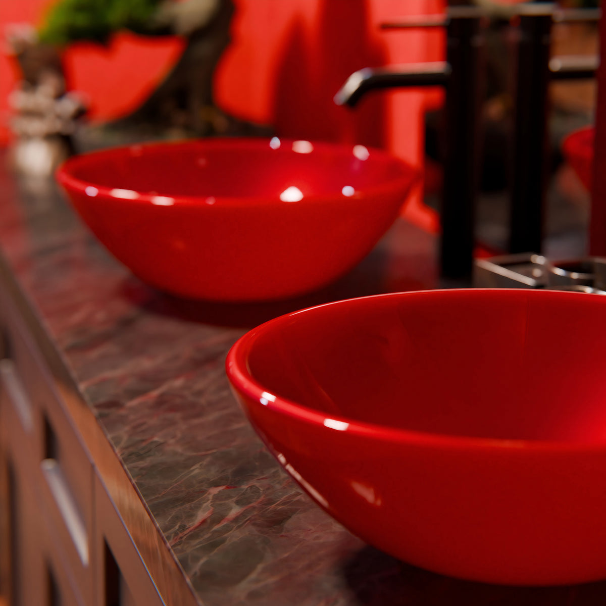 Modern red double-layer tempered glass bathroom sink by Novatto with sleek design and durable construction.