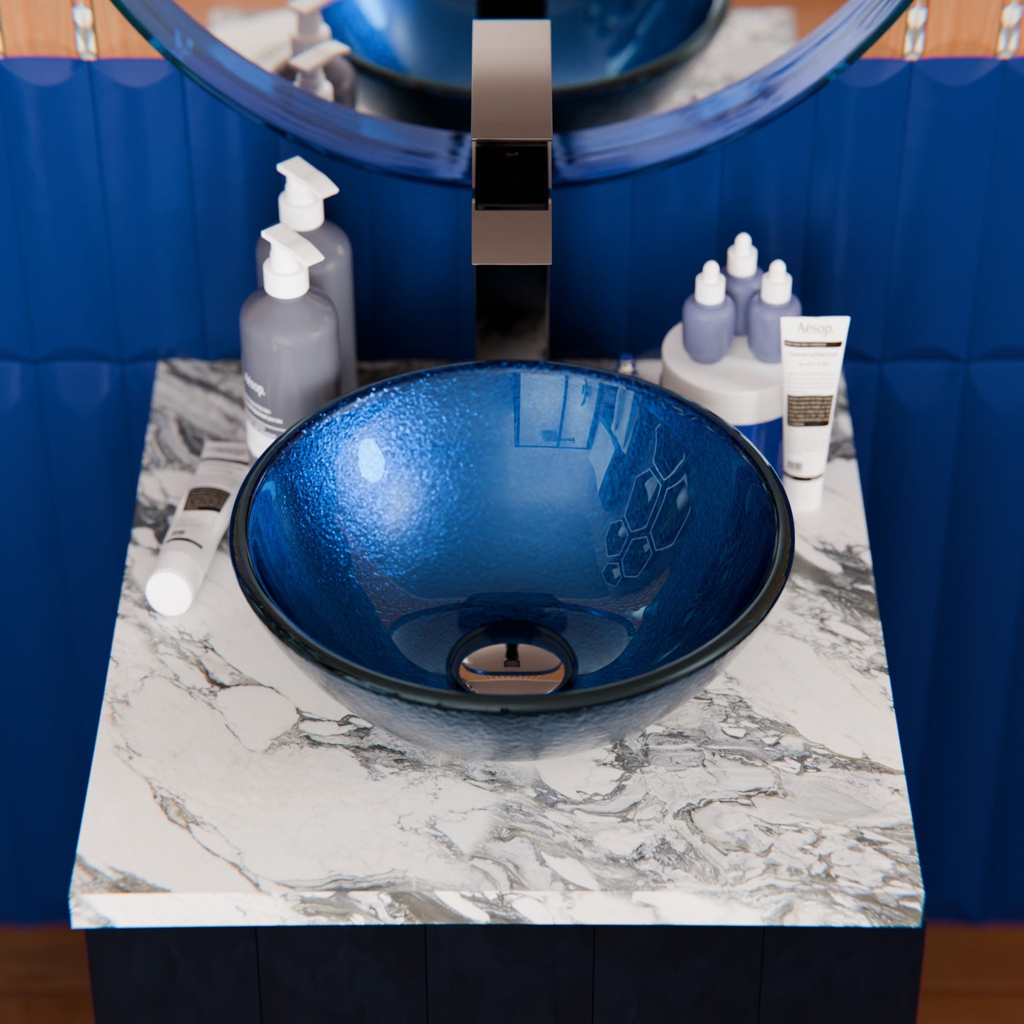 Mini 12" Blue Foiled Round Glass Vessel Bath Sink, TIG-S132-12