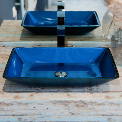 Blue hand-foiled rectangle glass vessel bathroom sink by Novatto, modern design with smooth surface and elegant rectangular shape.