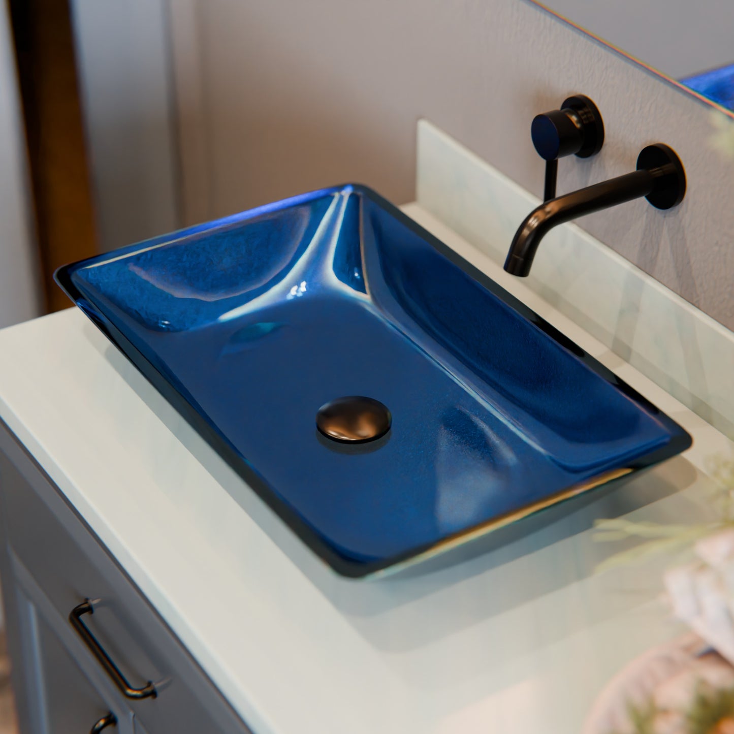 Blue hand-foiled rectangle glass vessel bathroom sink by Novatto, modern design with dark finish and sleek surface.