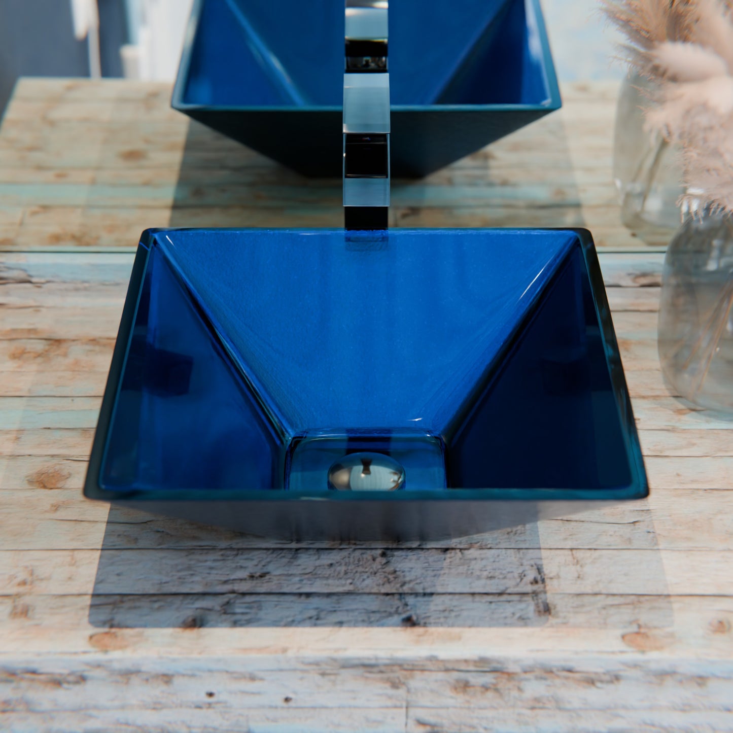 Blue Foiled Square Tempered Glass Vessel Bath Sink TIG-S132-287
