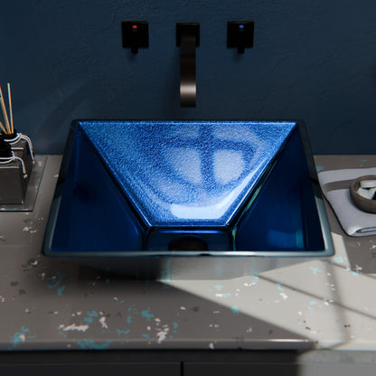 Blue Foiled Square Tempered Glass Vessel Bath Sink TIG-S132-287