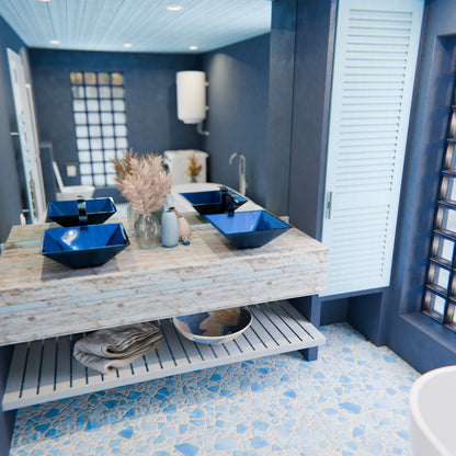 Blue Foiled Square Tempered Glass Vessel Bath Sink TIG-S132-287