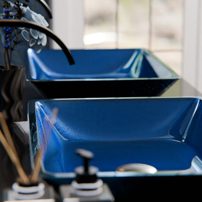Blue Foiled Square Tempered Glass Vessel Bath Sink TIG-S132-287