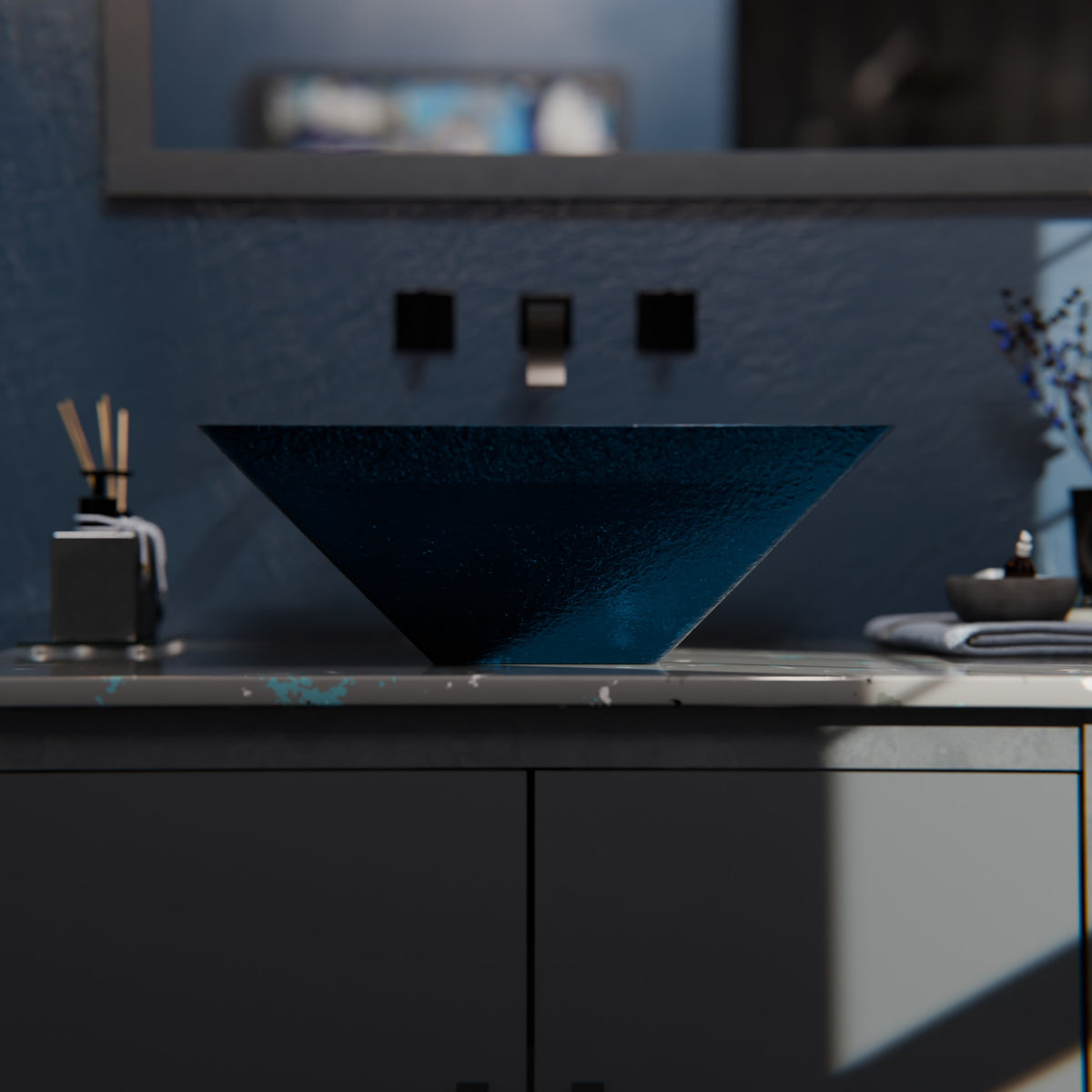 Blue Foiled Square Tempered Glass Vessel Bath Sink TIG-S132-287