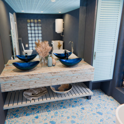 Blue Foiled Oval Tempered Glass Vessel Bath Sink TIG-S132-8031