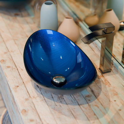 Blue Foiled Oval Tempered Glass Vessel Bath Sink TIG-S132-8031