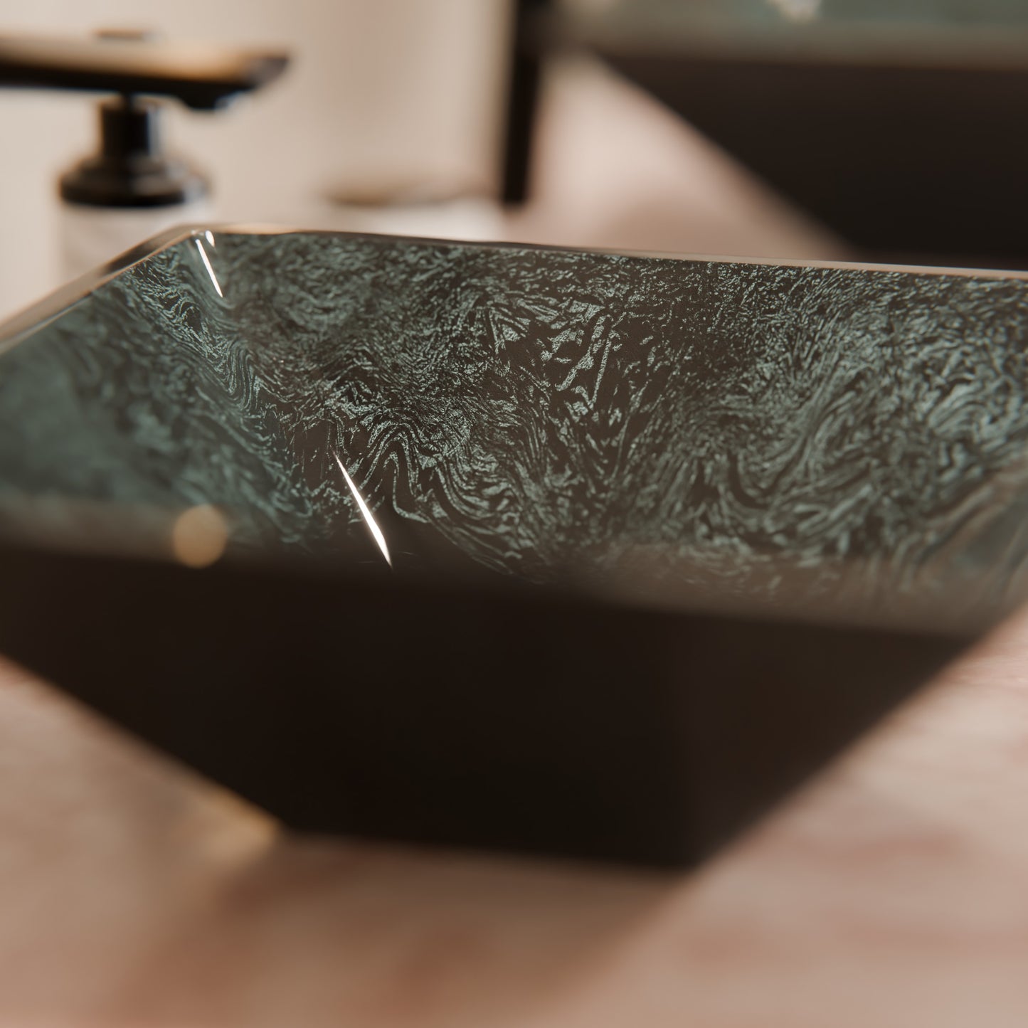 Black and silver hand foiled square tempered glass bathroom sink by Novatto, modern vessel design with sleek finish.