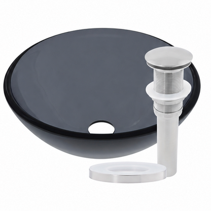 Modern 12-inch clear slate grey round glass vessel bathroom sink by Novatto, with sleek transparent design and smooth surface.