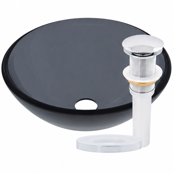 Mini 12-inch clear slate grey round glass vessel sink by Novatto, modern bathroom fixture with sleek transparent design.