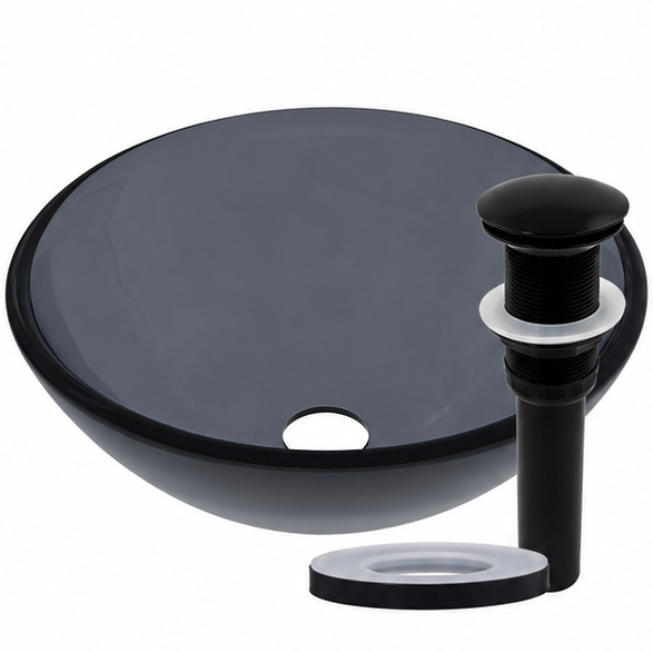 Mini 12-inch clear slate grey round glass vessel bathroom sink by Novatto, modern design with sleek transparent glass.