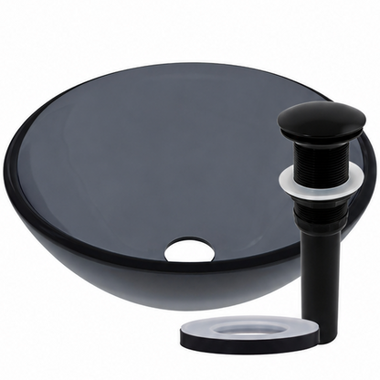 Mini 12-inch clear slate grey round glass vessel bathroom sink by Novatto, modern design with sleek transparent glass.
