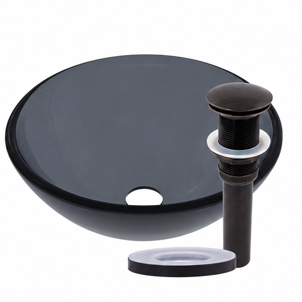 Mini 12-inch clear slate grey round glass vessel sink by Novatto, modern bathroom sink with sleek transparent design.