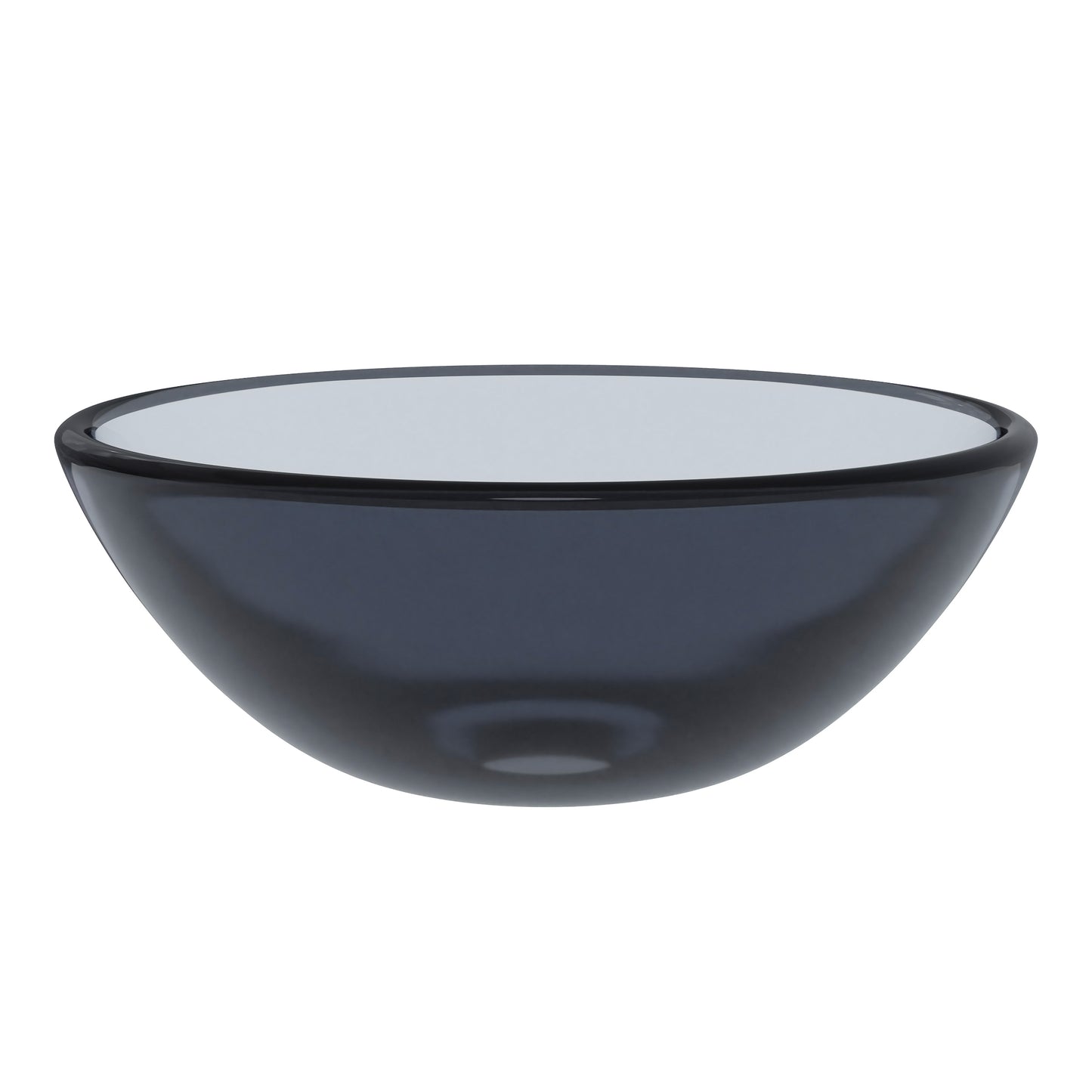 Mini 12-inch clear slate grey round glass vessel bathroom sink by Novatto, modern design with smooth, transparent surface