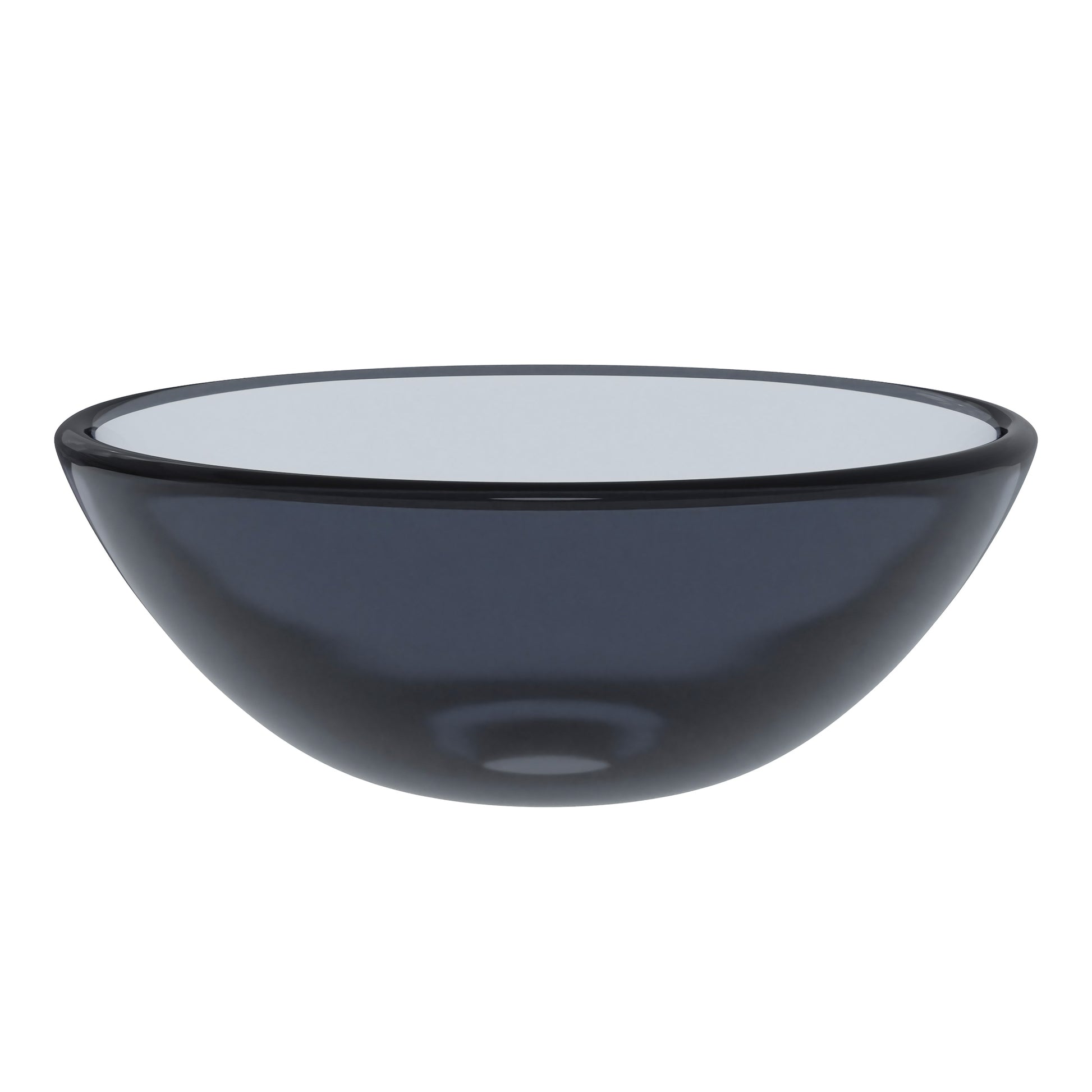 Mini 12-inch clear slate grey round glass vessel bathroom sink by Novatto, modern design with smooth, transparent surface