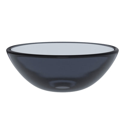 Mini 12-inch clear slate grey round glass vessel bathroom sink by Novatto, modern design with smooth, transparent surface