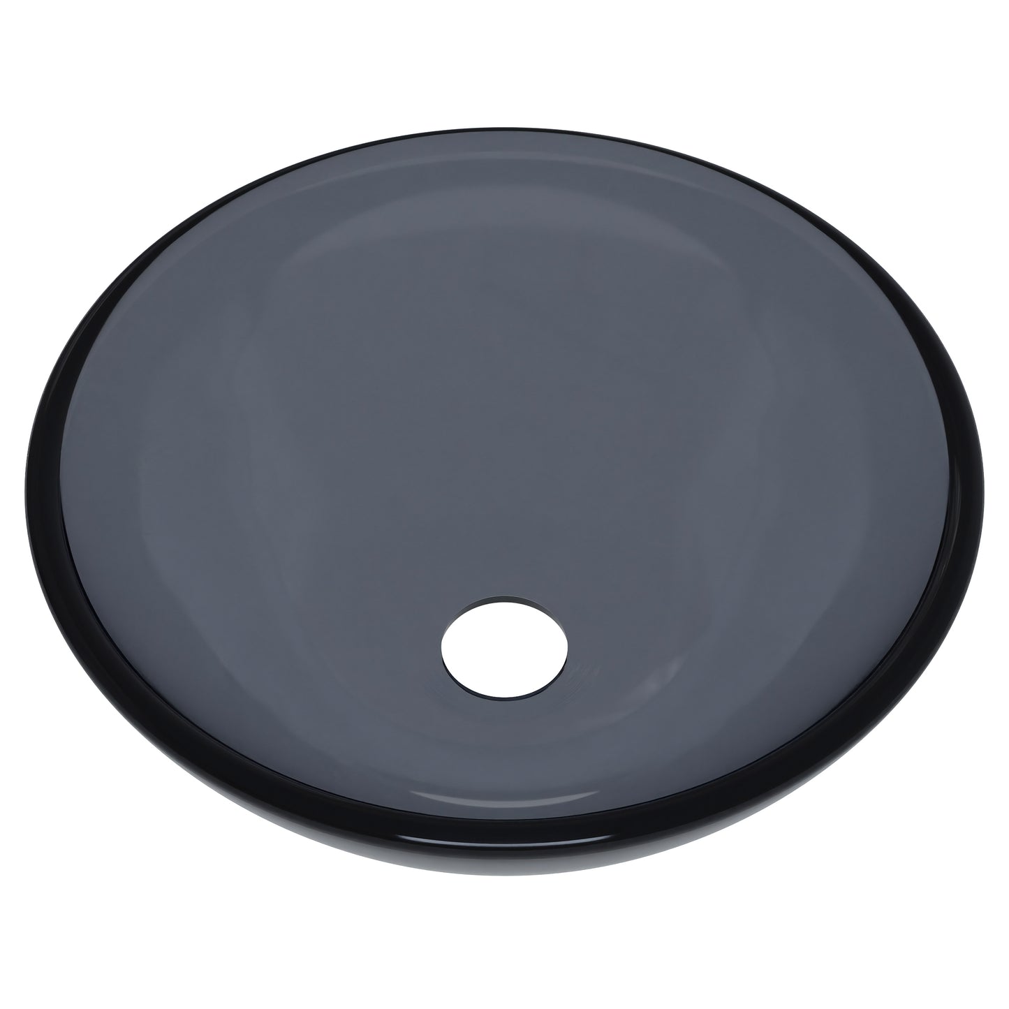 Modern 12-inch clear slate grey round glass vessel bathroom sink by Novatto, featuring a sleek, contemporary design.