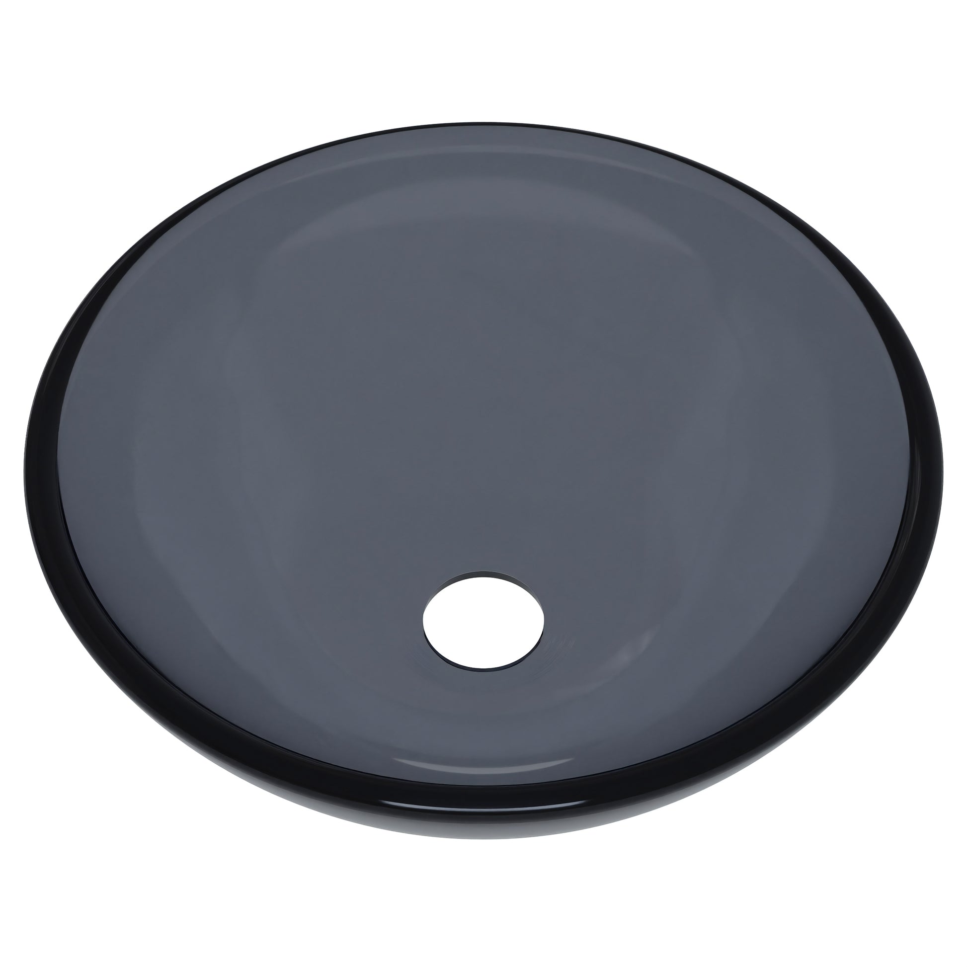 Modern 12-inch clear slate grey round glass vessel bathroom sink by Novatto, featuring a sleek, contemporary design.