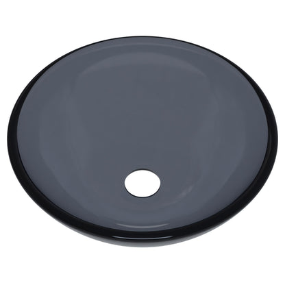 Modern 12-inch clear slate grey round glass vessel bathroom sink by Novatto, featuring a sleek, contemporary design.
