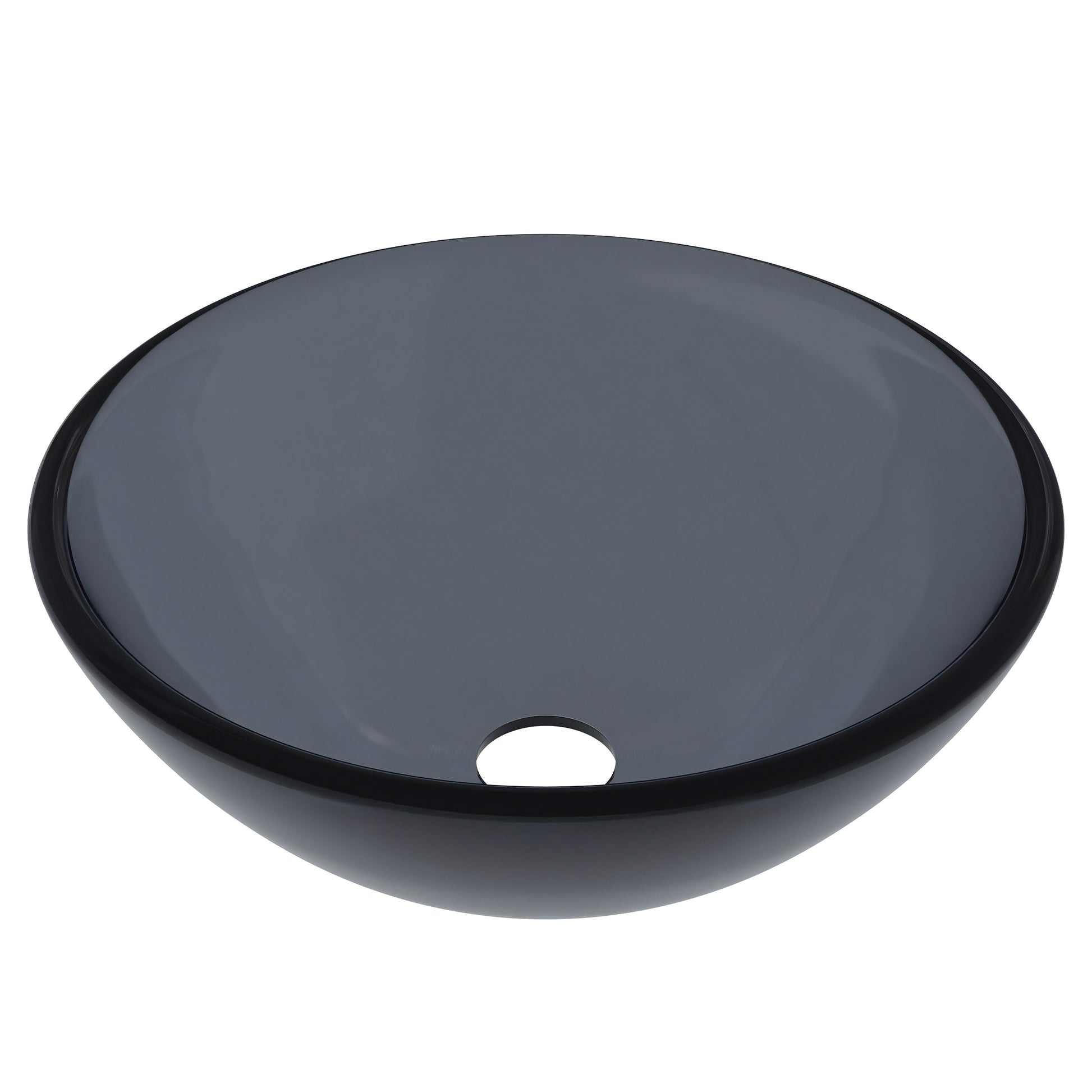 Mini 12-inch clear slate grey round glass vessel bathroom sink by Novatto, modern design with sleek, transparent glass surface.