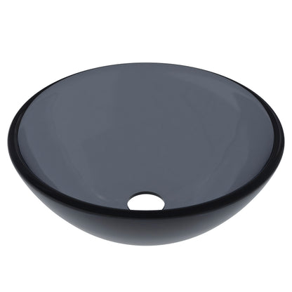 Mini 12-inch clear slate grey round glass vessel bathroom sink by Novatto, modern design with sleek, transparent glass surface.