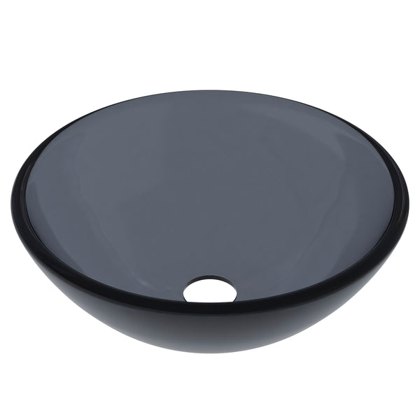 Mini 12-inch clear slate grey round glass vessel bathroom sink by Novatto, modern design with sleek, transparent glass surface.