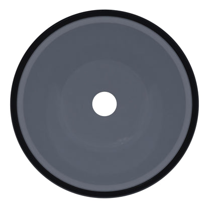 Mini 12-inch clear slate grey round glass vessel bathroom sink by Novatto, modern design with smooth, transparent glass surface.