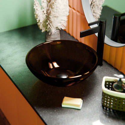 Clear brown round tempered glass vessel sink by Novatto, modern bathroom sink with sleek design and smooth glass surface.