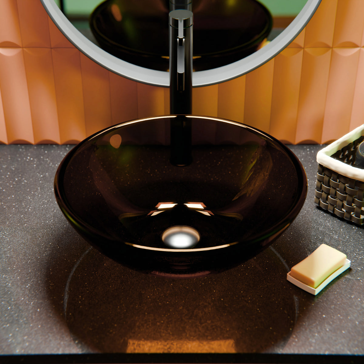 Clear brown round tempered glass vessel bathroom sink by Novatto, modern design with smooth, curved surface.