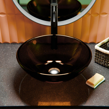 Clear brown round tempered glass vessel bathroom sink by Novatto, modern design with smooth, curved surface.