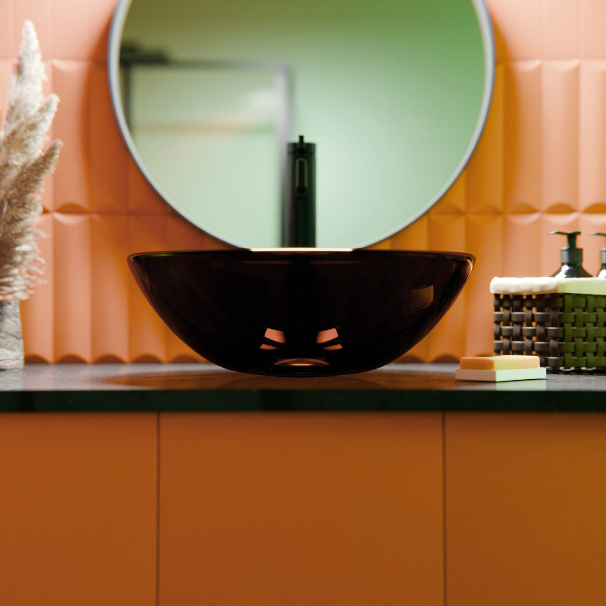 Clear brown round tempered glass vessel bathroom sink by Novatto, modern design with smooth, transparent glass surface.