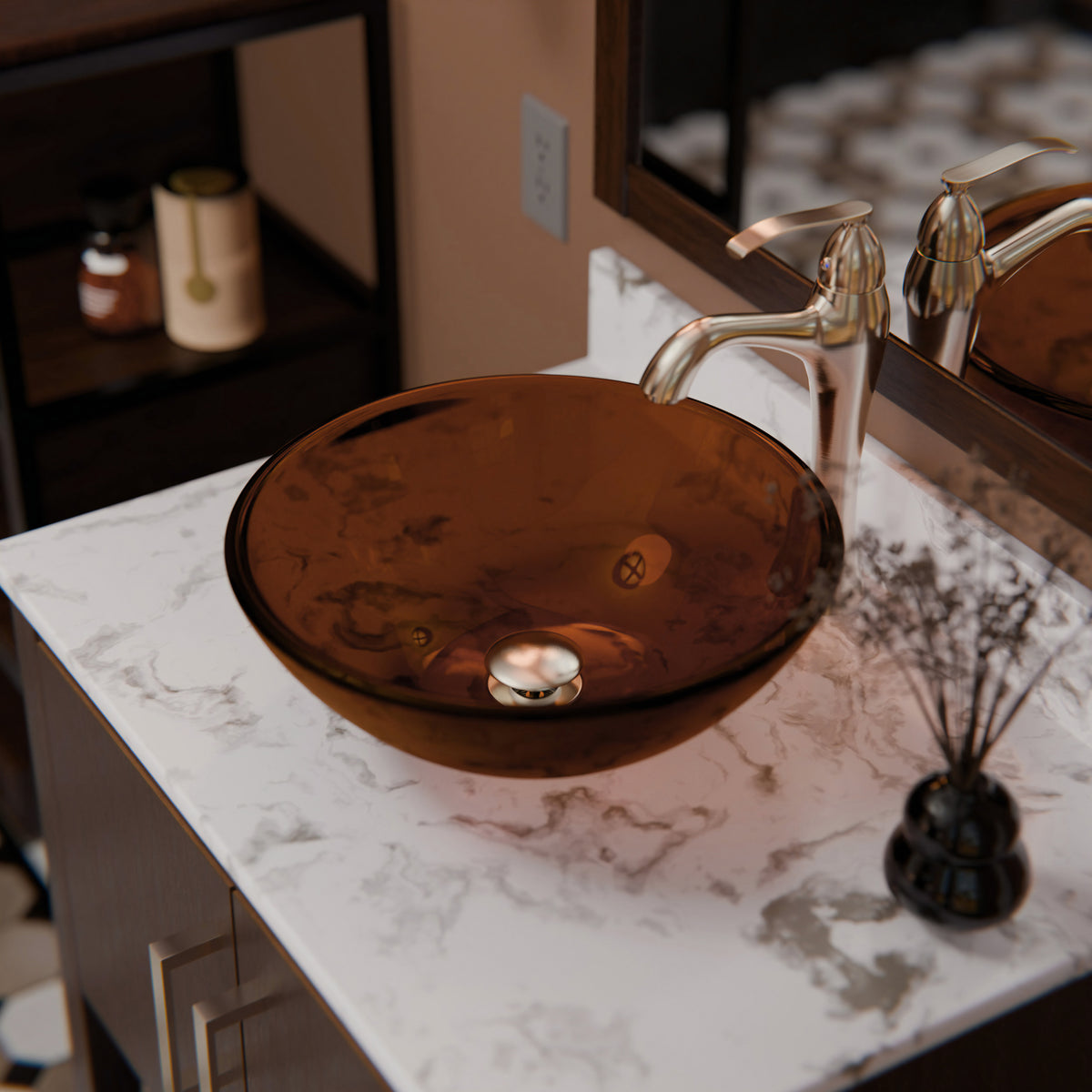 Clear brown round tempered glass vessel bathroom sink by Novatto, modern design with smooth, transparent surface.