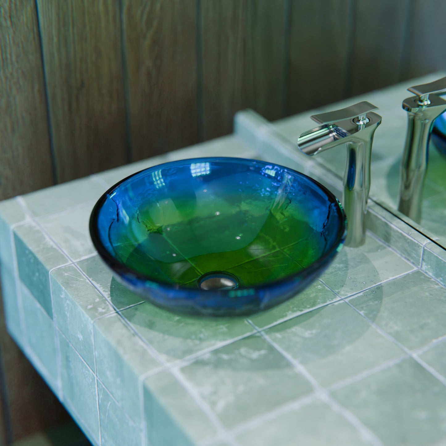 Novatto single lever bathroom waterfall vessel faucet handle, part from the 365-HNDL series, in cyan color with chrome finish.