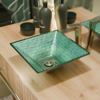 Green Square Tempered Glass Vessel Bathroom Sink TIS-286G