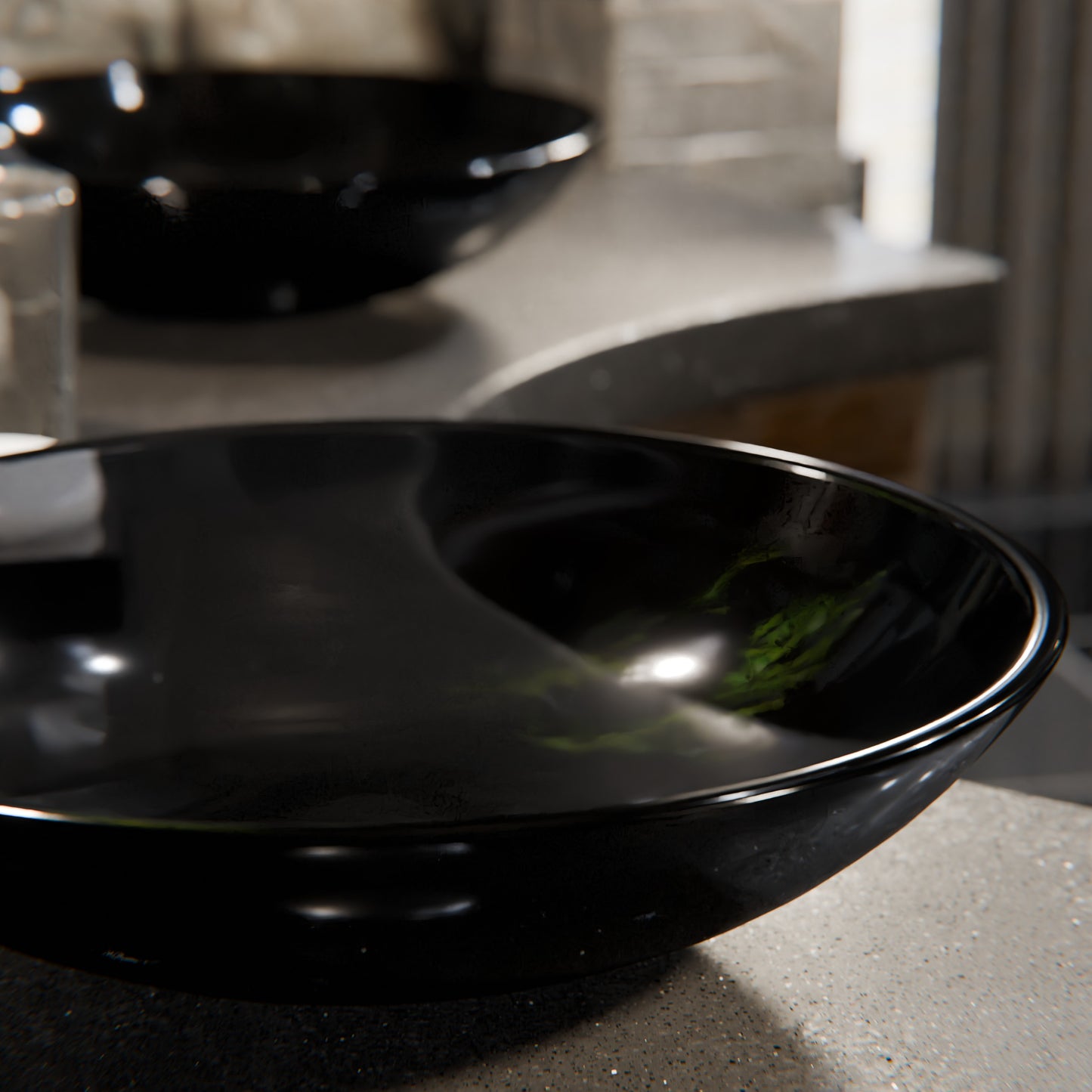 Clear Slate Grey Round Shallow Glass Vessel Bath Sink TIS-316G