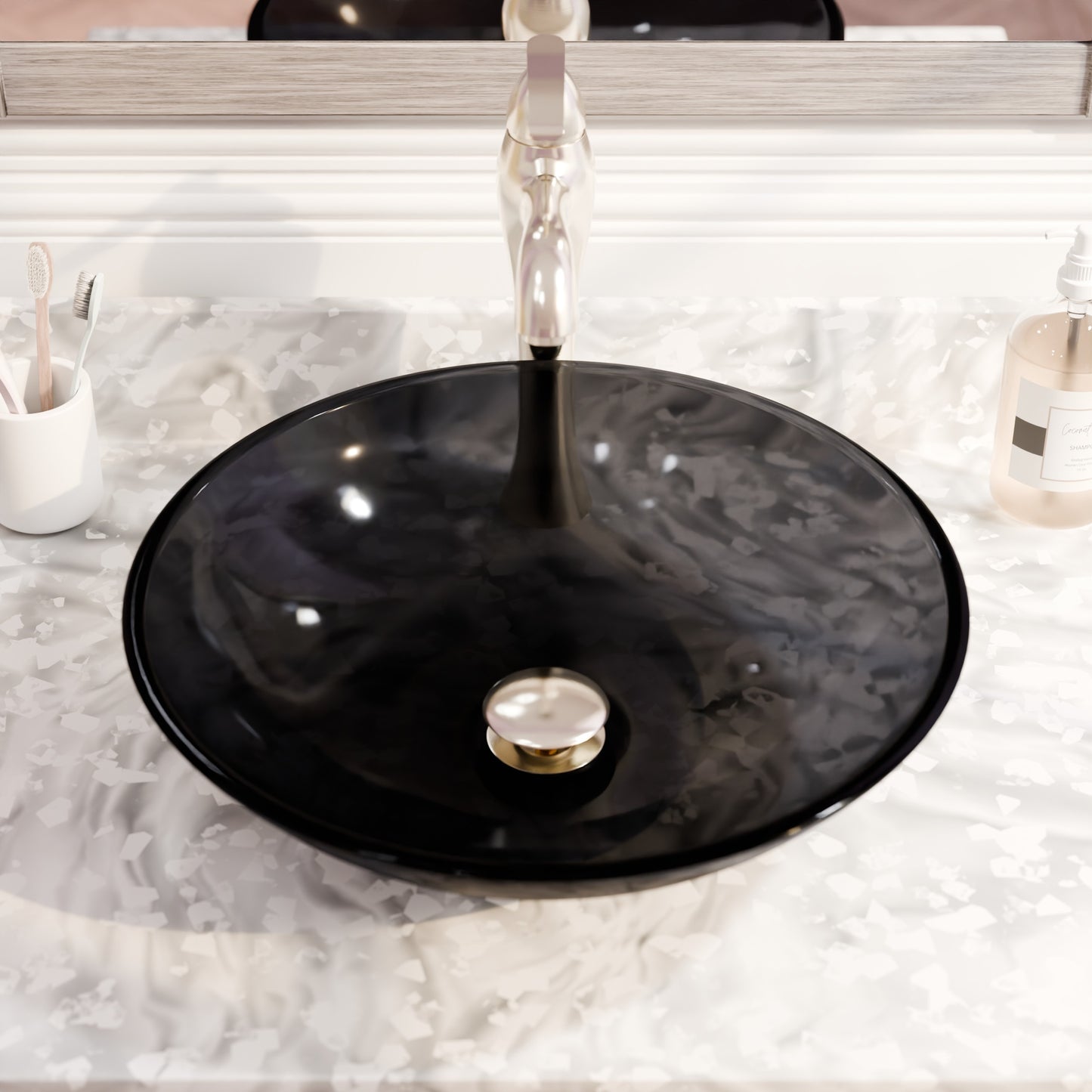 Clear Slate Grey Round Shallow Glass Vessel Bath Sink TIS-316G