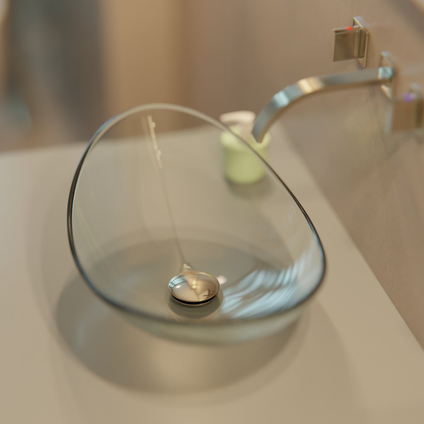 Clear oval tempered glass vessel sink by Novatto, modern bathroom design with sleek oval shape and transparent finish.