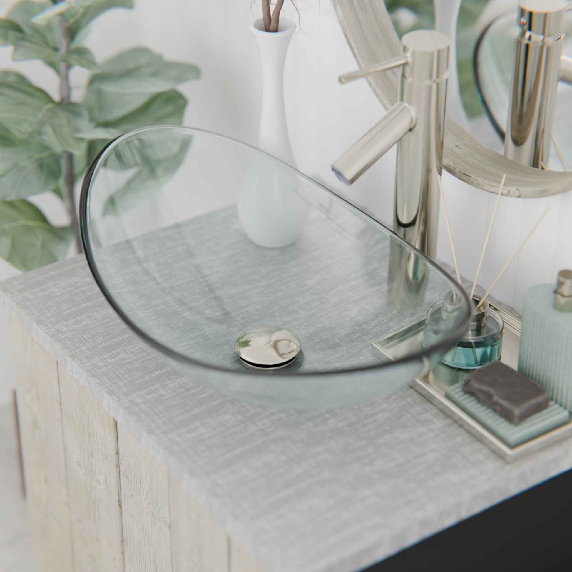 Modern clear oval tempered glass vessel bathroom sink by Novatto, featuring a sleek design and smooth surface for contemporary bathrooms.
