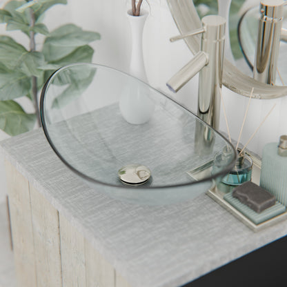 Modern clear oval tempered glass vessel bathroom sink by Novatto, featuring a sleek design and smooth surface for contemporary bathrooms.