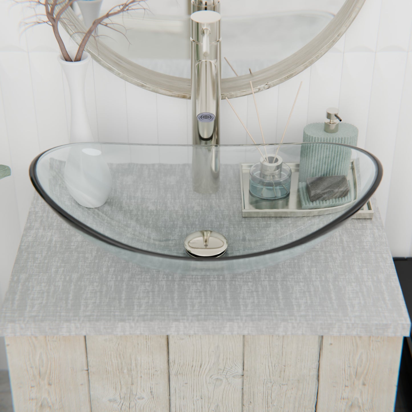 Clear oval tempered glass vessel sink by Novatto, modern bathroom sink with sleek oval design for stylish baths.